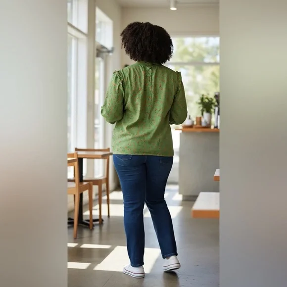 Eloquii Green Printed Button Down Shirt with Ruffle front and ruffle shoulder - Picture 12 of 13